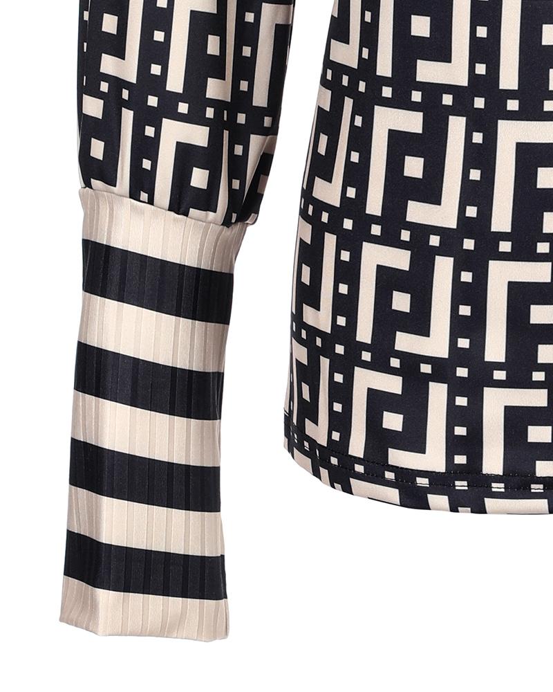 Colorblock Striped Geometric Print Zip Front Long Sleeve Top