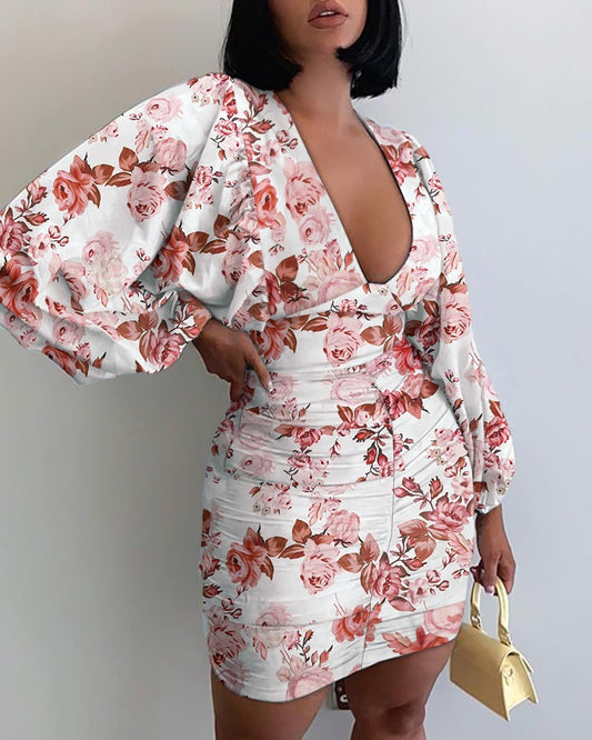Floral Pattern Print Deep V Ruched Bodycon Dress