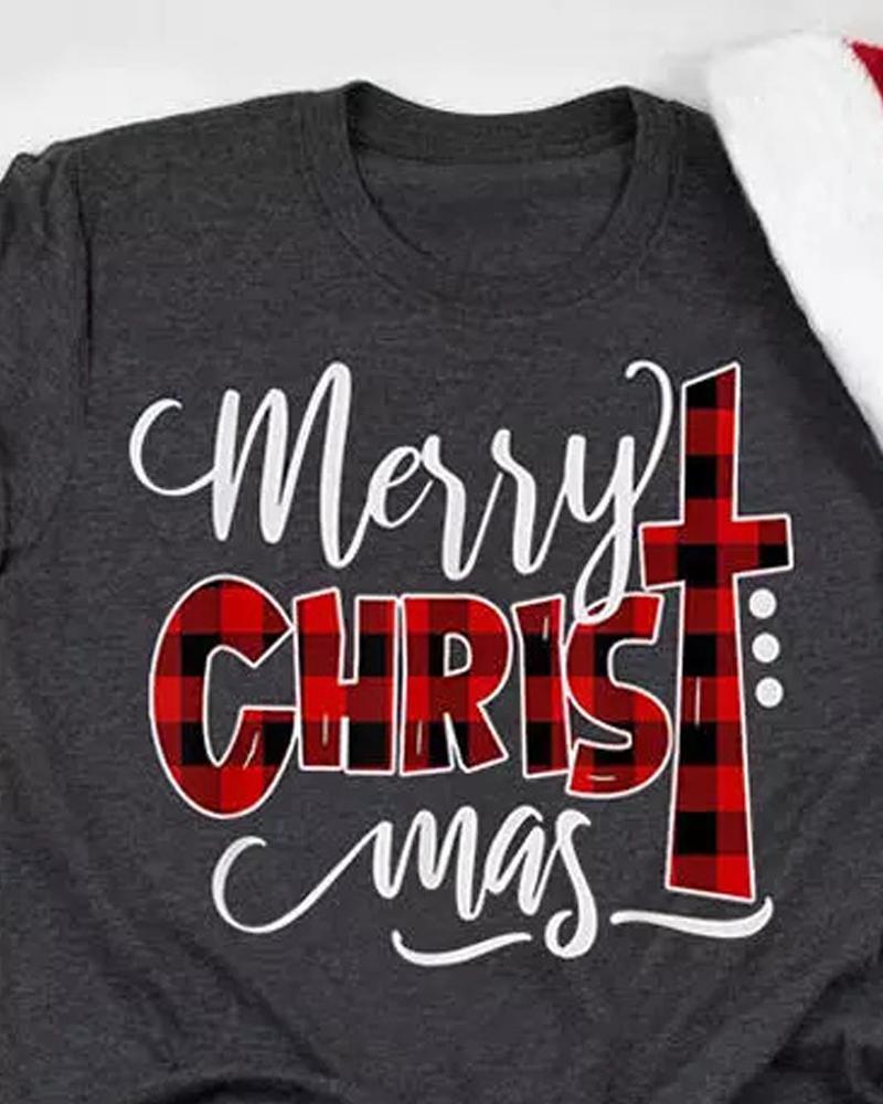 Christmas Letter Plaid Print Casual T shirt