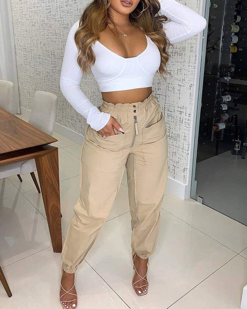 Zipper Button Pocket Design Shirring Detail Pants