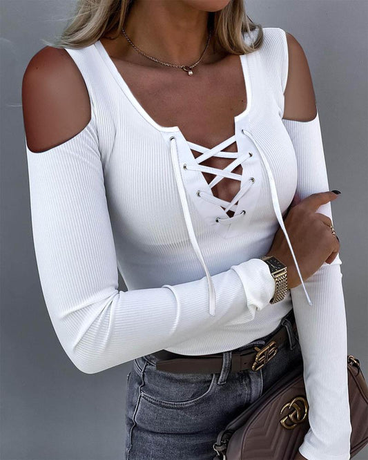 Grommet Eyelet Lace Up Cold Shoulder Ribbed Top