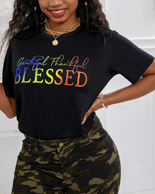 Grateful Thankful Blessed Ombre Letter Print Casual T shirt