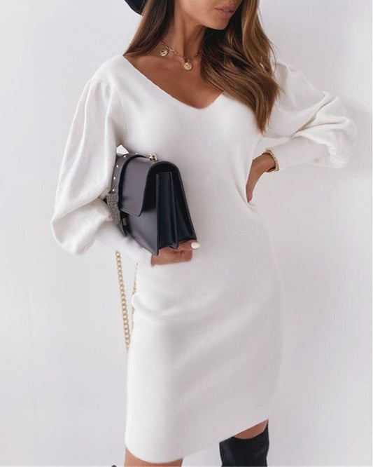 Lace Patch Backless Lantern Sleeve Bodycon Dress