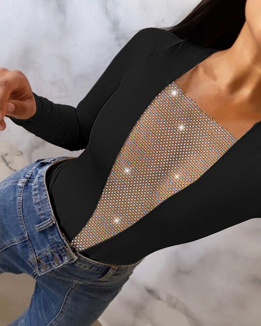 Rhinestone Fishnet Patch Plunge Bodysuit