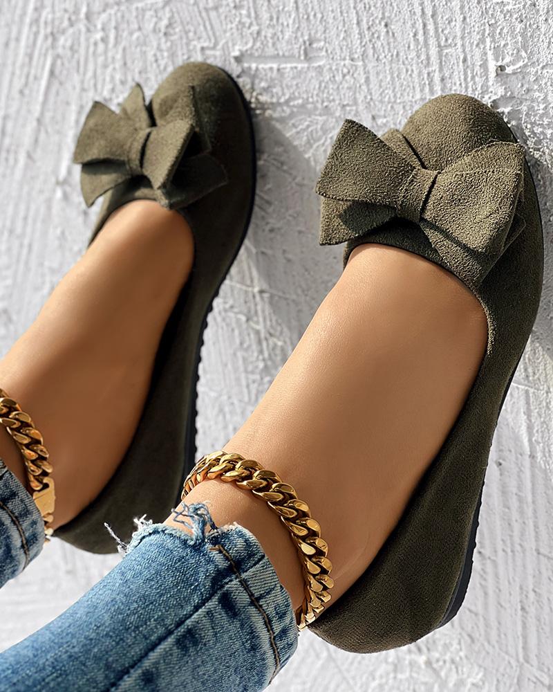 Round Toe Bowknot Decor Slip On Loafers