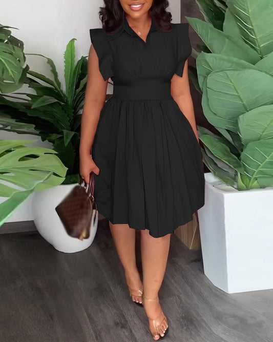 Flutter Sleeve Pleated Casual Dress
