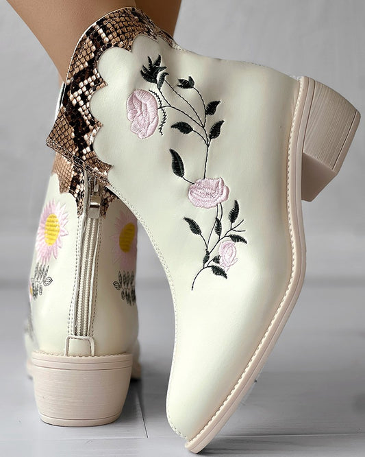 Colorblock Snakeskin Pattern Daisy Floral Embroidery Chunky Heel Ankle Boots