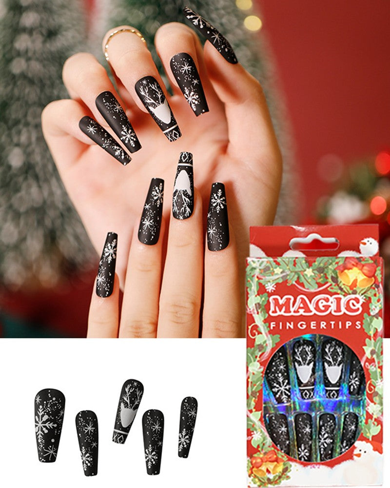 24pcs Christmas Reindeer Snowflake Design Matte Press on Coffin False Nails Set