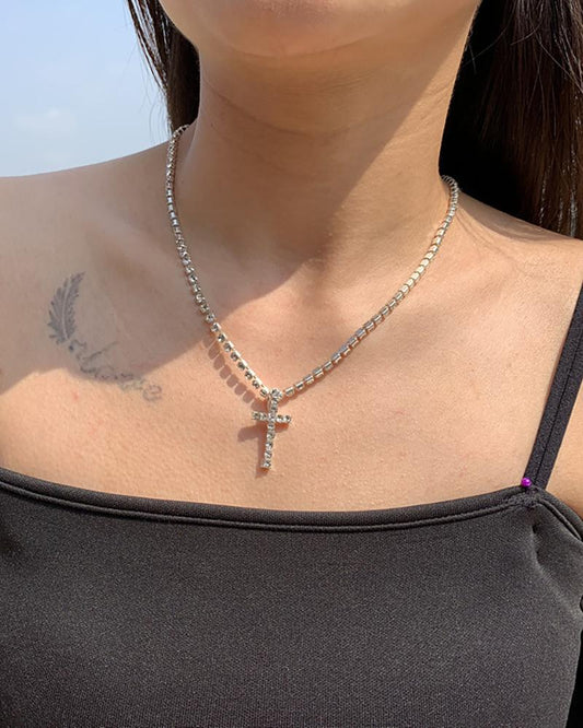 1pc Cross Pattern Rhinestone Necklace