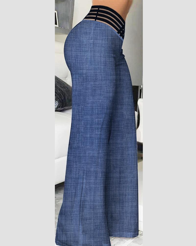 Overlap Waist Sheer Mesh Patch Wide Leg Pants