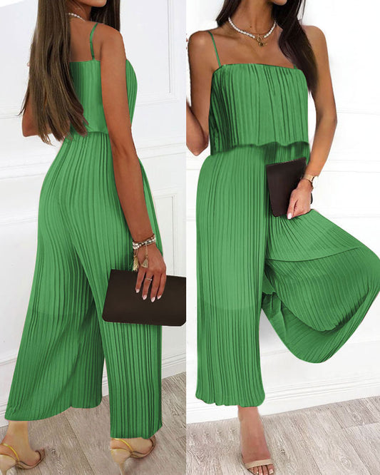 Spaghetti Strap Ruffle Hem Pleated Wide Leg Jumpsuit