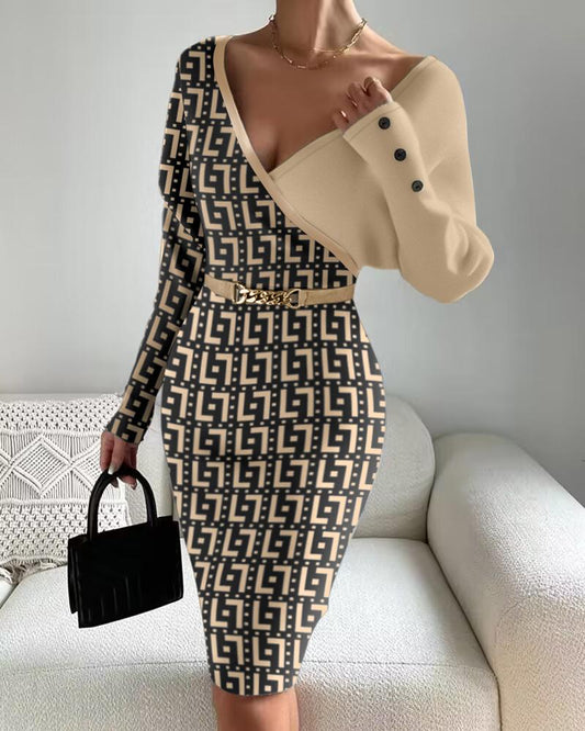 Colorblock Geometric Print Long Sleeve Dress