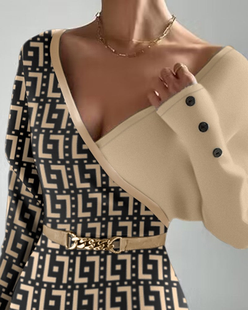 Colorblock Geometric Print Long Sleeve Dress