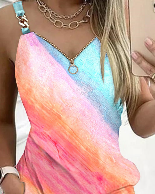 Ombre Chain Decor Pocket Design Casual Dress