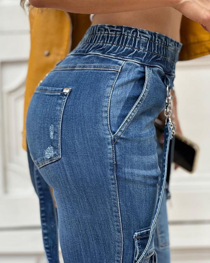 O Ring Decor Pocket Design Denim Suspender Jumpsuit