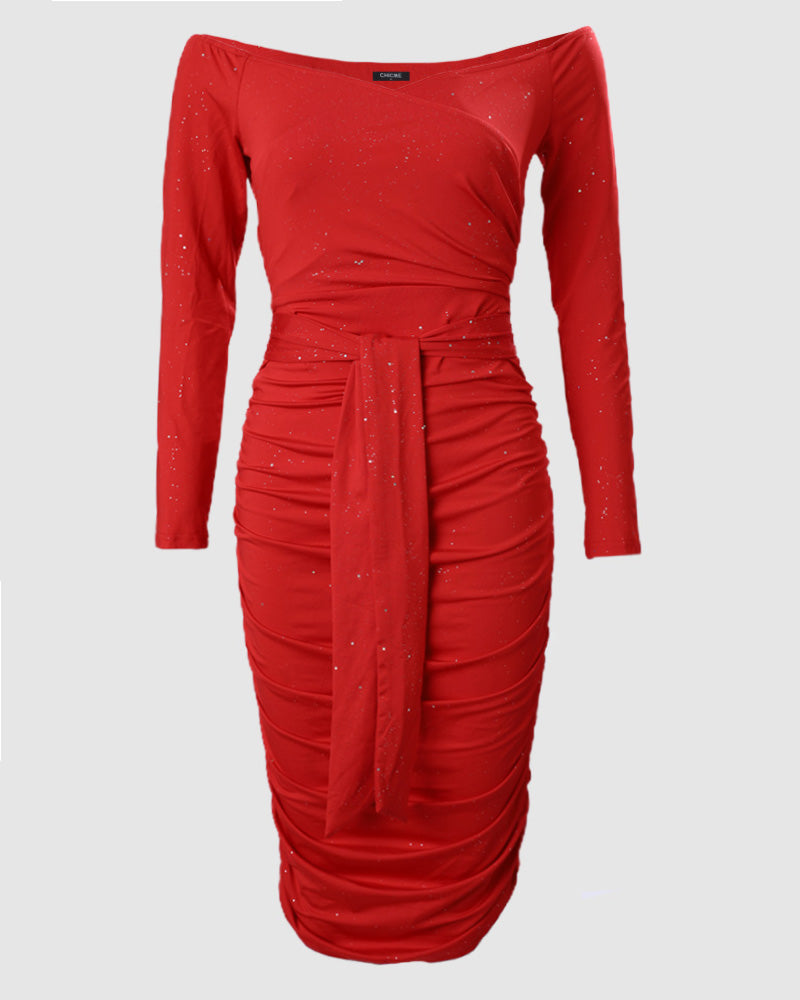Glitter Off Shoulder Tie Front Ruched Party Dress