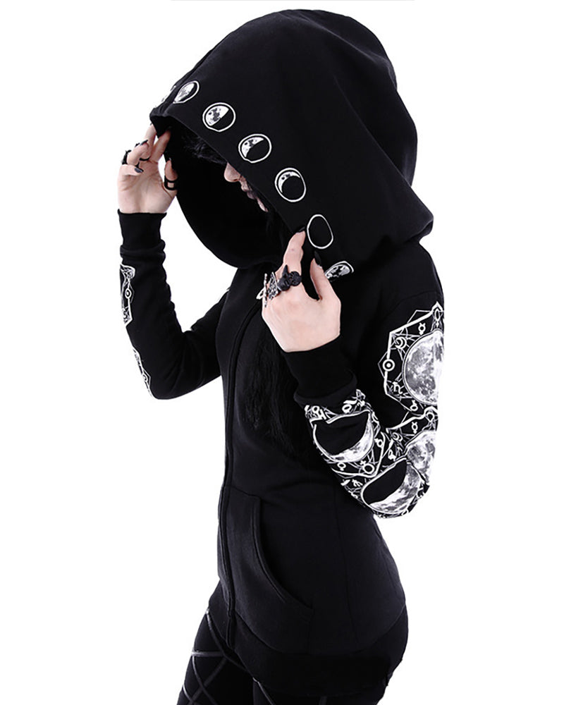 Punk Moon Graphic Print Zipper Design Hoodie