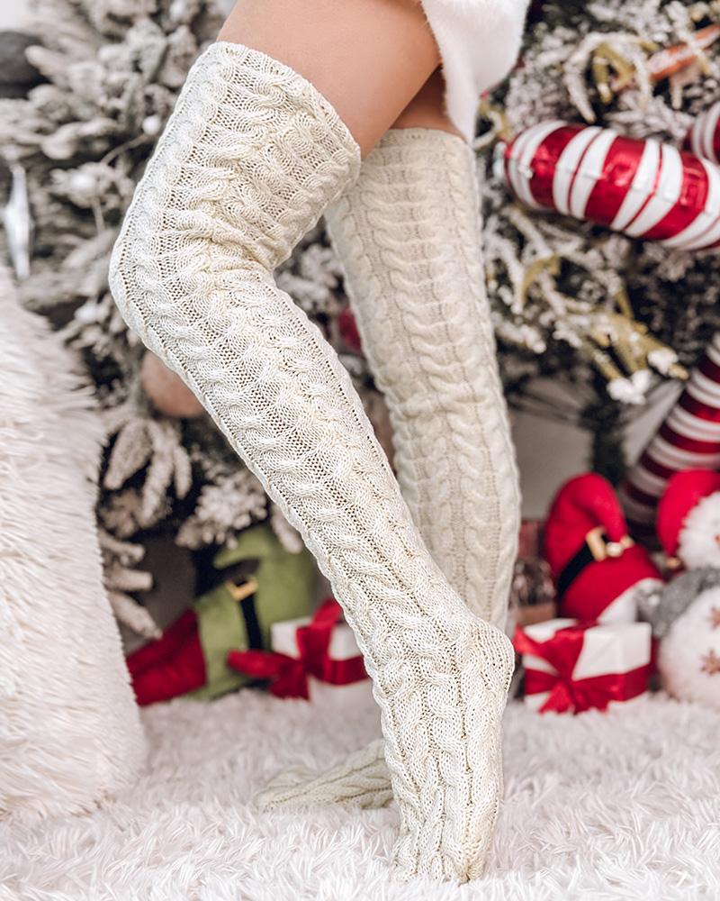 1Pair Cable Knit Over The Calf Fluffy Tube Socks
