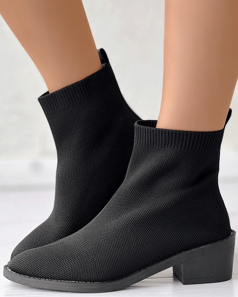 Chunky Heel Knit Ankle Boots