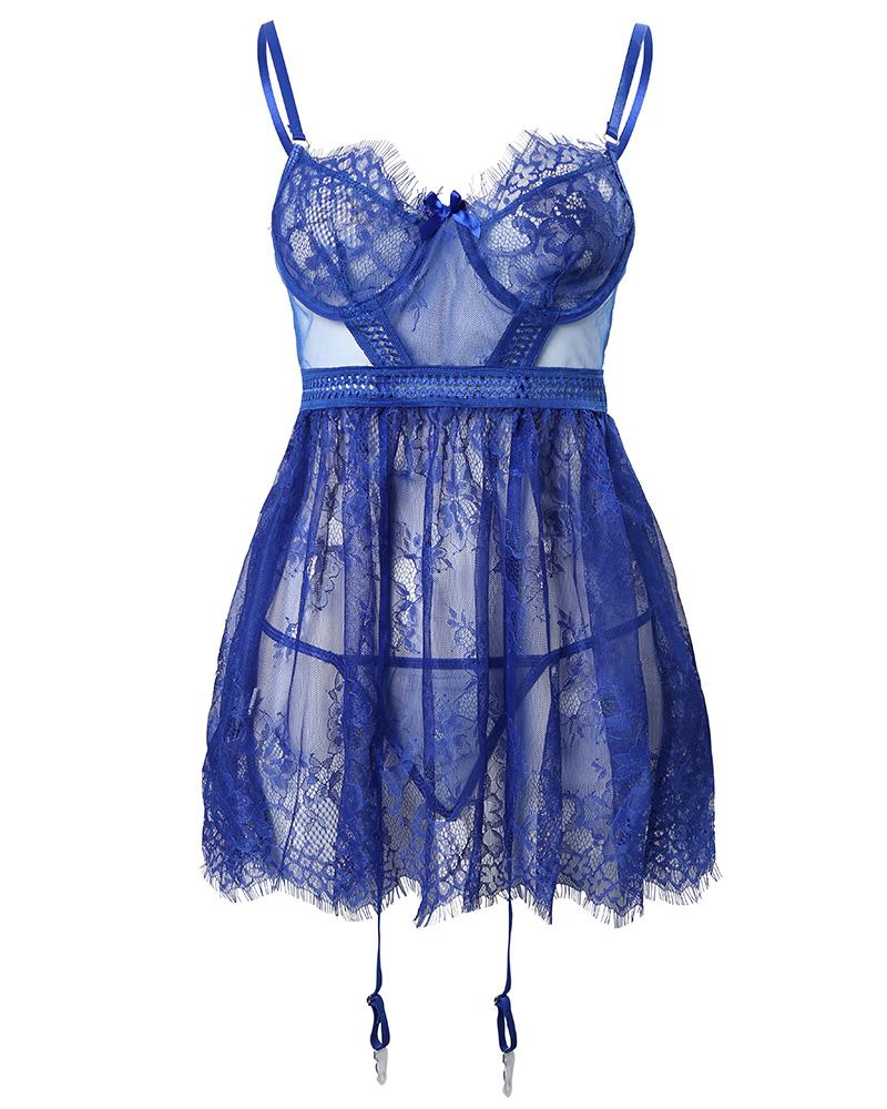 Spaghetti Strap Lace Garter Babydoll With Thong