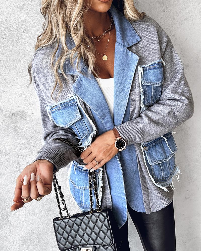 Raw Hem Patchwork Notched Collar Cardigan