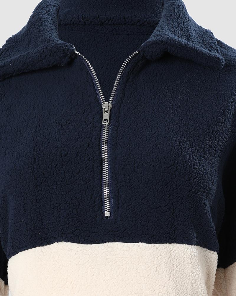 Colorblock Zip Front Lantern Sleeve Fuzzy Teddy Casual Dress