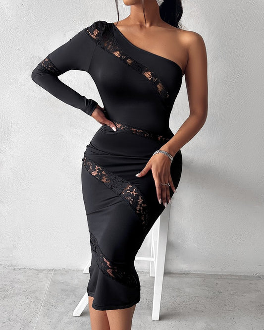 Contrast Lace One Shoulder Bodycon Dress