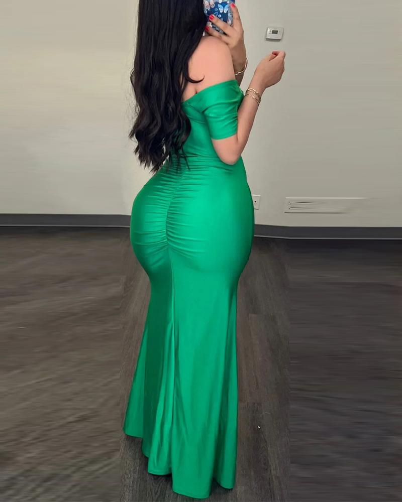 Off Shoulder Slit Ruched Overlap Bodycon Dress