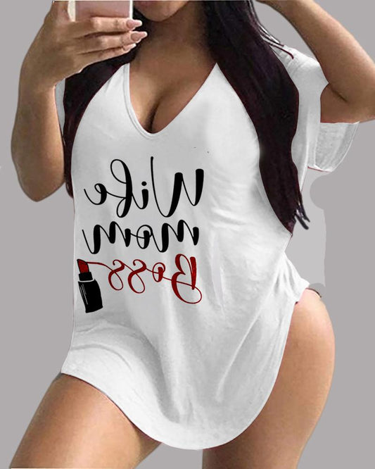 Mother's Day Gift V Neck Letter Print Short Sleeve T shirt