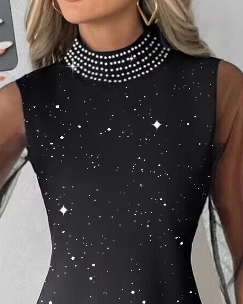 Sheer Mesh Patch Glitter Rhinestone Casual Dress