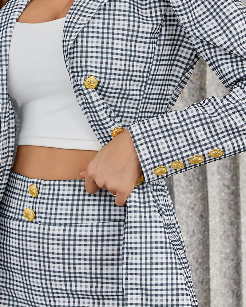 Plaid Print Puff Sleeve Buttoned Blazer Coat & Skirt Set