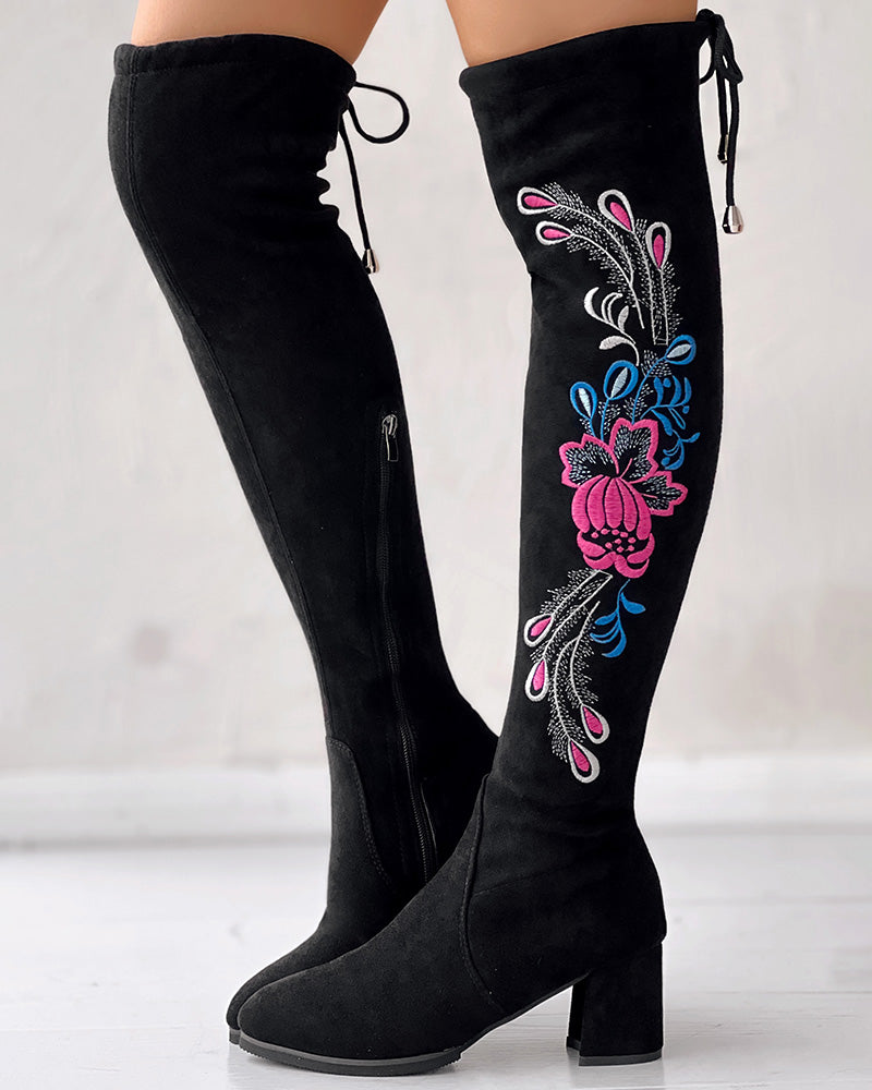 Floral Embroidery Tied Detail Over The Knee Long Boots