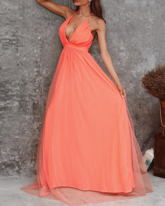 Crisscross Backless Mesh Patch Party Dress