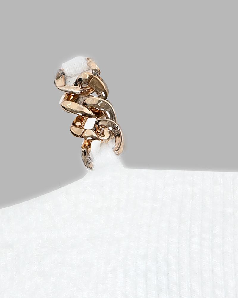 Chain Decor Cold Shoulder Fluffy Knit Sweater