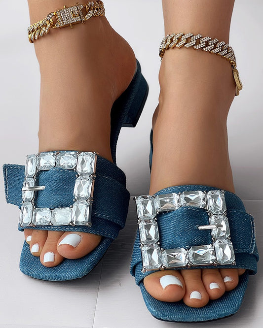 Gem Stone Decor Buckled Low Heel Slippers