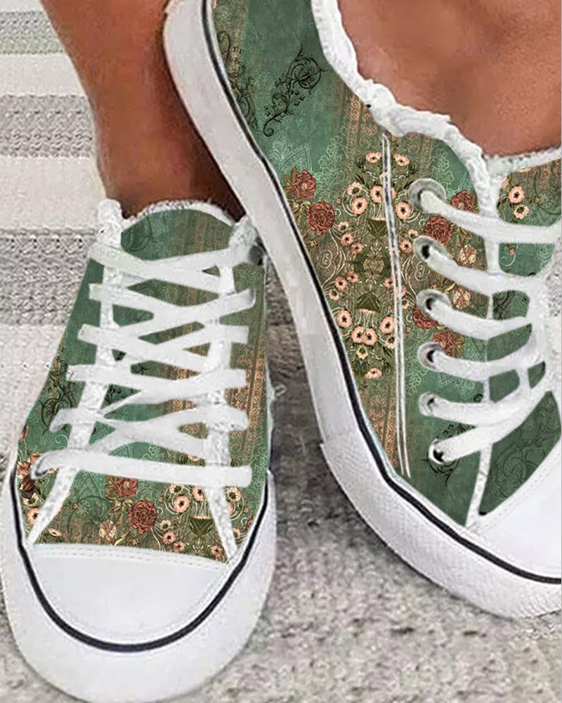 Floral Tribal Print Raw Hem Lace up Sneakers