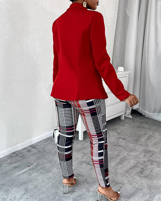 Shawl Collar Single Button Blazer & Plaid Pants Set