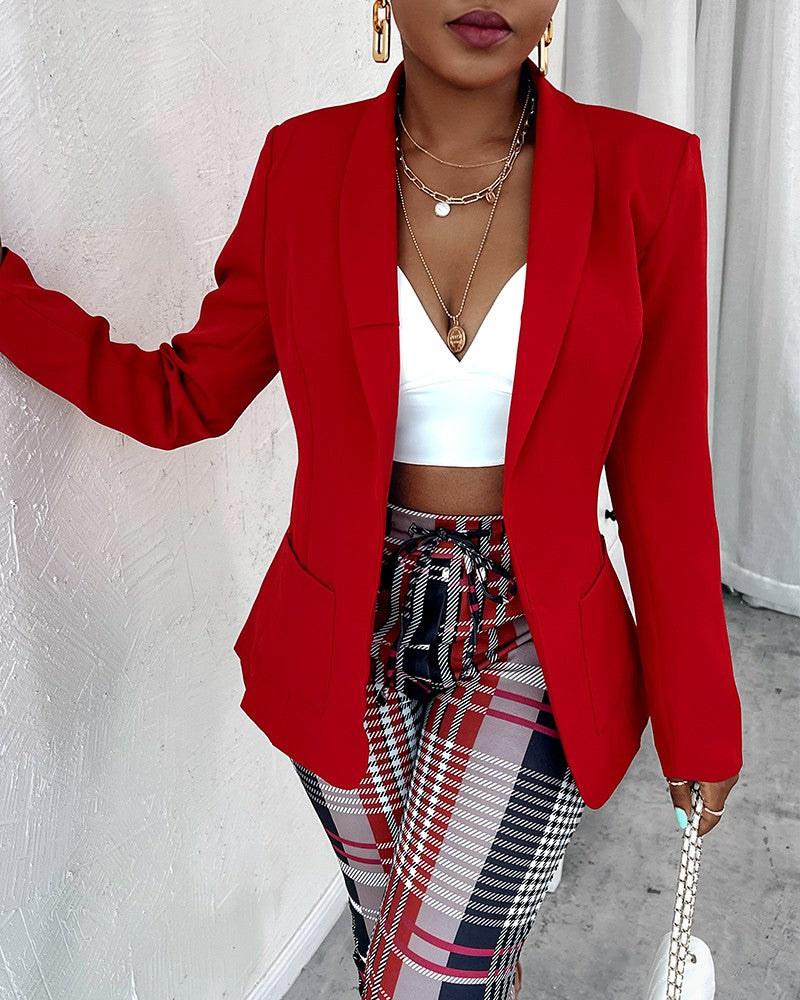 Shawl Collar Single Button Blazer & Plaid Pants Set
