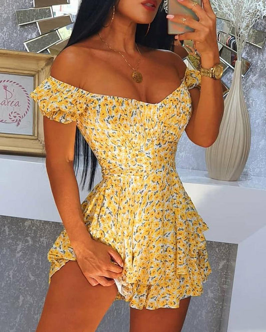 Ditsy Floral Print Off Shoulder Ruffle Hem Dress