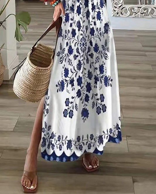 Tribal Floral Print Split Hem Maxi Dress