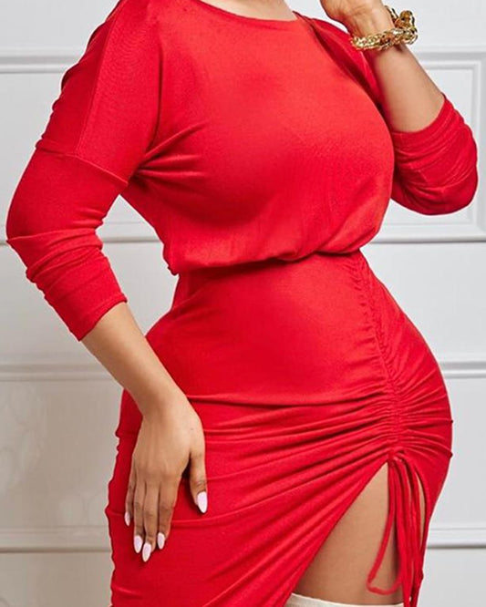 Plus Size Slit Drawstring Casual Dress