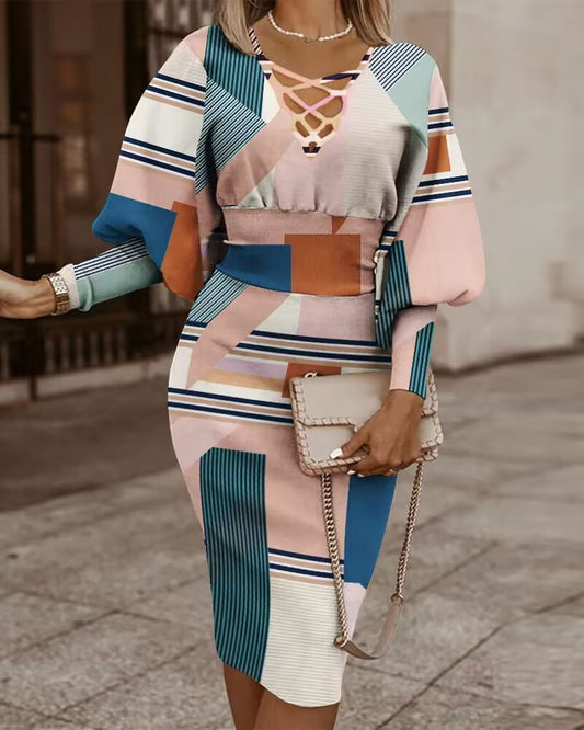 Geometric Print Lantern Sleeve Midi Dress
