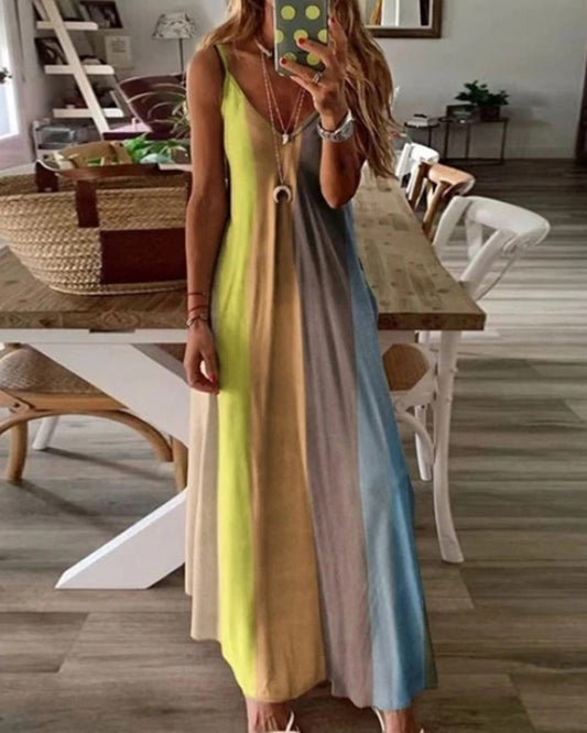 Colorblock V Neck Spaghetti Strap Maxi Dress