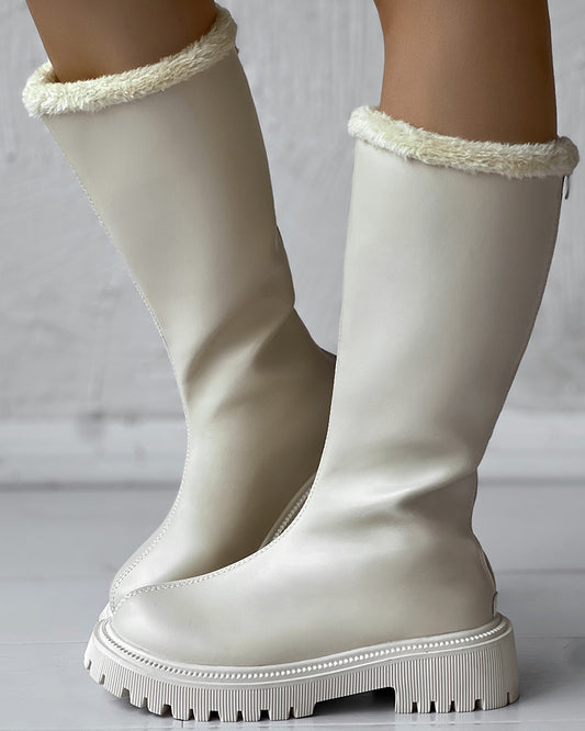 Zipper Design Fuzzy Detail Winter Calf Boots
