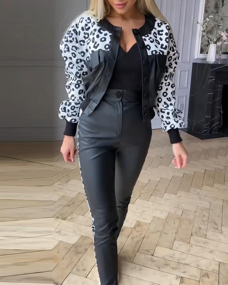 Leopard Print PU Leather Patch Crop Jacket & Pants Set