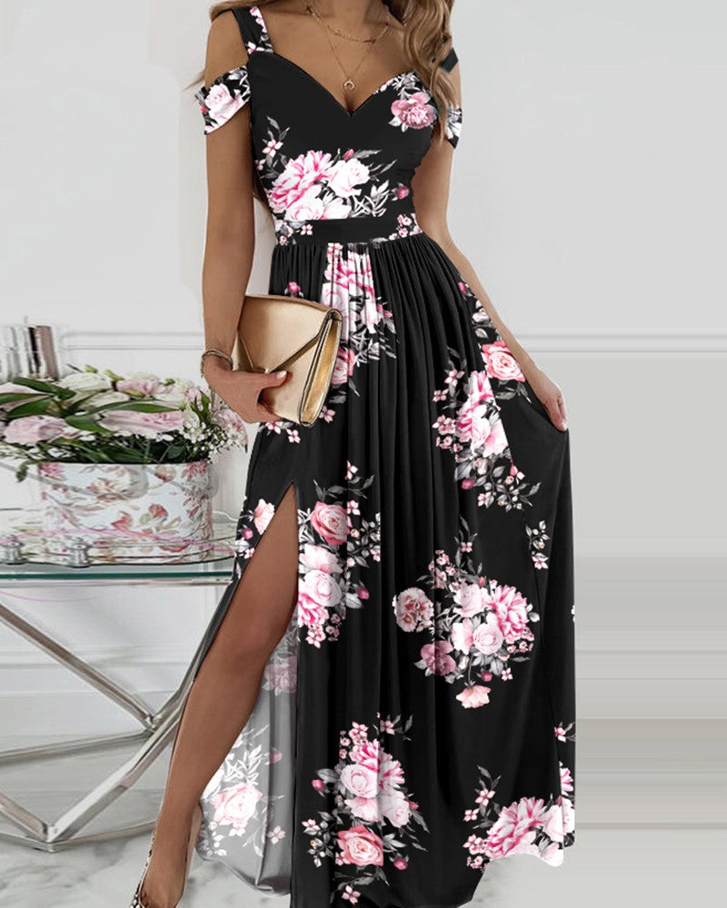 Floral Print Cold Shoulder High Slit Maxi Dress