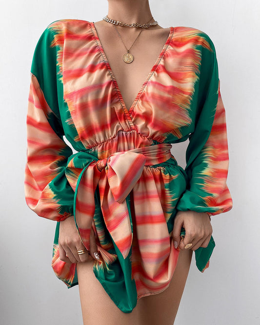 Colorblock Lantern Sleeve Satin Tied Detail Dress