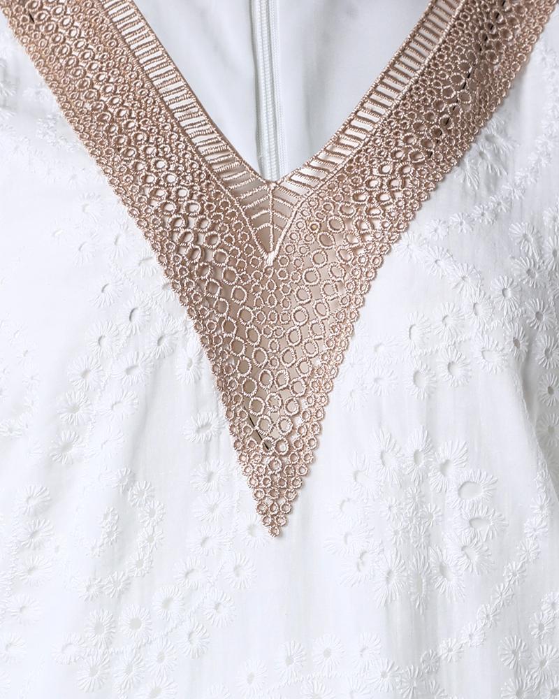 Contrast Lace Eyelet Embroidery Casual Dress