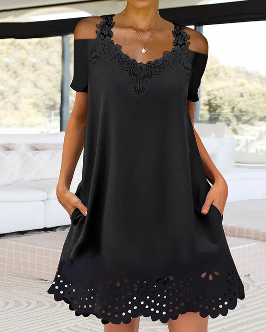 Contrast Lace Cold Shoulder Casual Dress