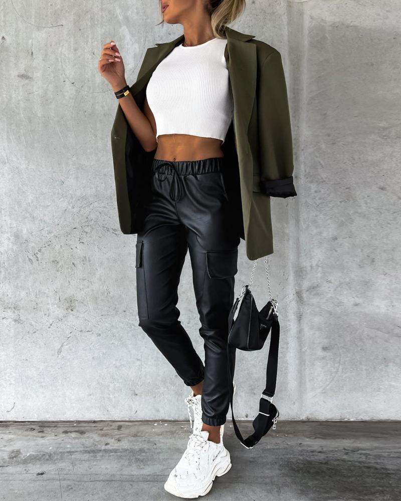 Elastic Waist PU Leather Cuffed Pants